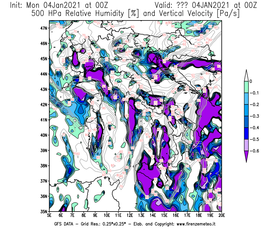 Mappa di analisi GFS - Umidità relativa [%] e Omega [Pa/s] a 500 hPa in Italia
							del 04/01/2021 00 <!--googleoff: index-->UTC<!--googleon: index-->
