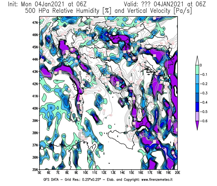 Mappa di analisi GFS - Umidità relativa [%] e Omega [Pa/s] a 500 hPa in Italia
									del 04/01/2021 06 <!--googleoff: index-->UTC<!--googleon: index-->