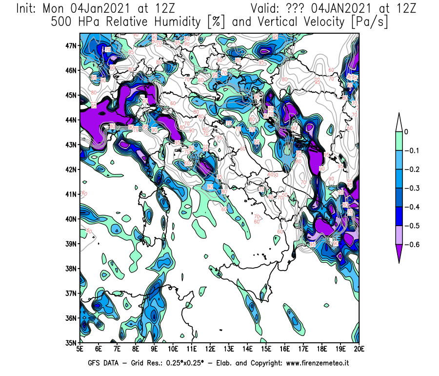 Mappa di analisi GFS - Umidità relativa [%] e Omega [Pa/s] a 500 hPa in Italia
							del 04/01/2021 12 <!--googleoff: index-->UTC<!--googleon: index-->