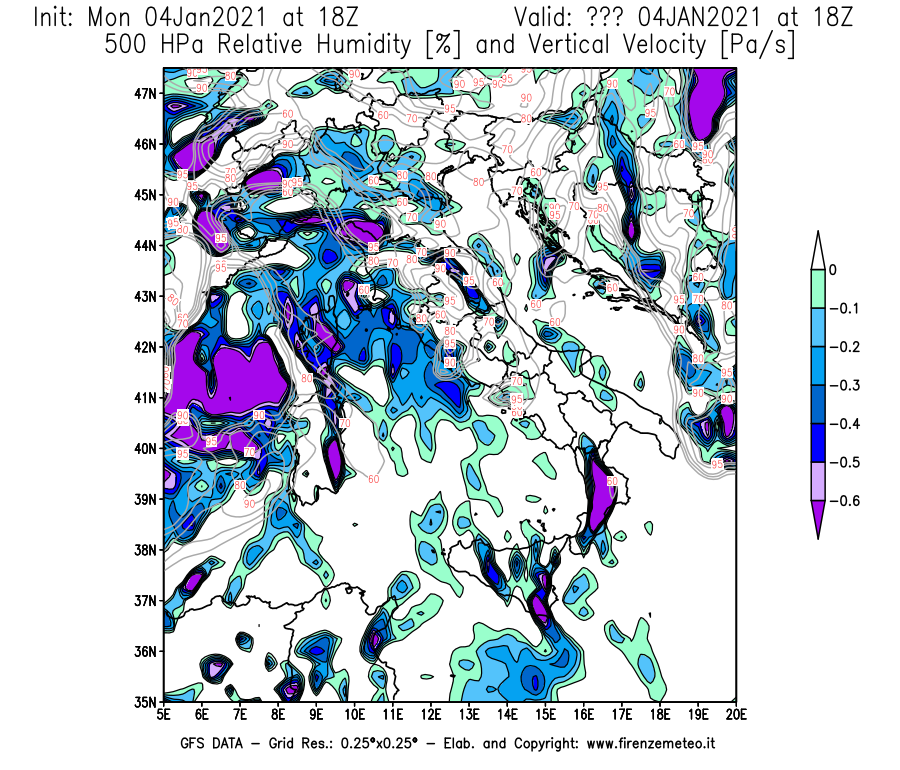 Mappa di analisi GFS - Umidità relativa [%] e Omega [Pa/s] a 500 hPa in Italia
									del 04/01/2021 18 <!--googleoff: index-->UTC<!--googleon: index-->