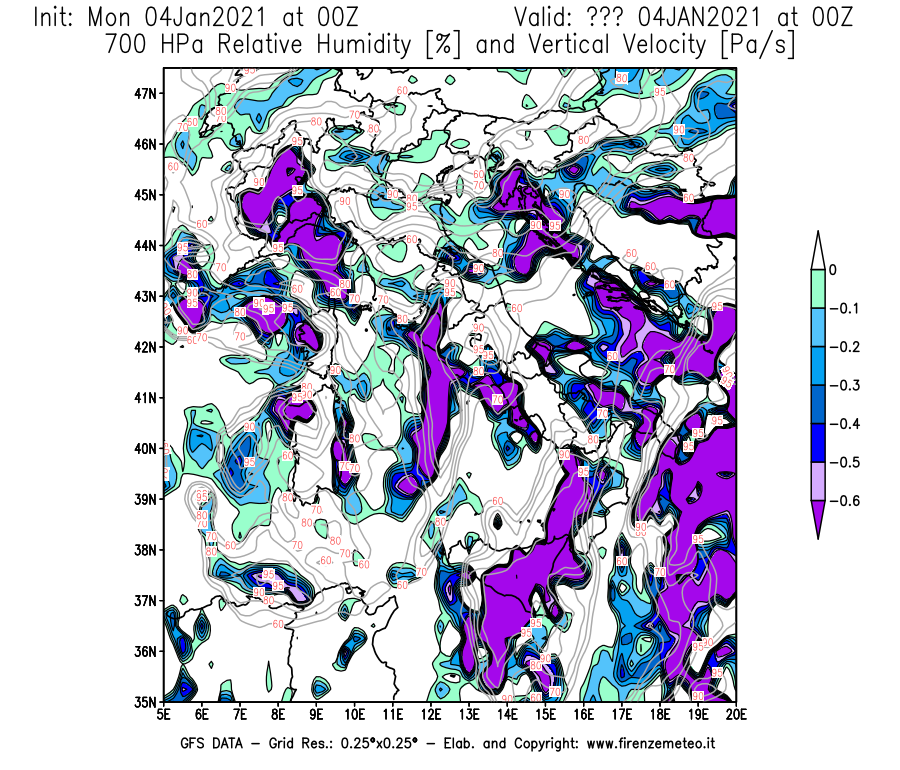 Mappa di analisi GFS - Umidità relativa [%] e Omega [Pa/s] a 700 hPa in Italia
							del 04/01/2021 00 <!--googleoff: index-->UTC<!--googleon: index-->