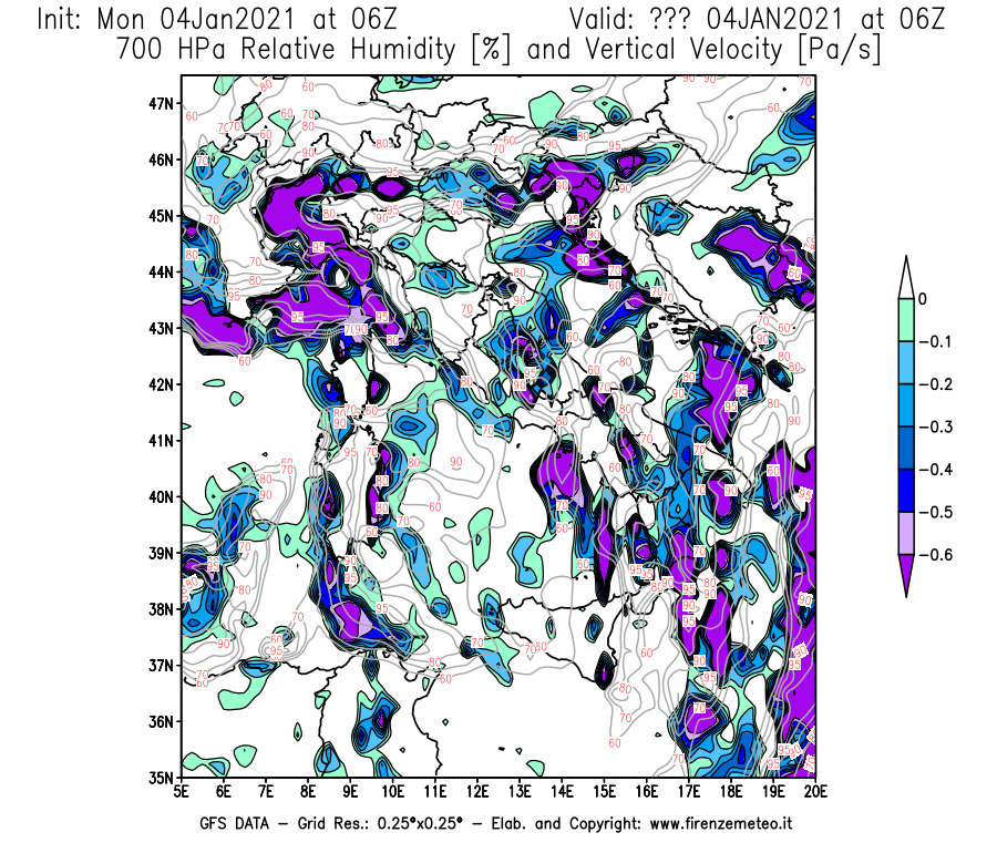 Mappa di analisi GFS - Umidità relativa [%] e Omega [Pa/s] a 700 hPa in Italia
									del 04/01/2021 06 <!--googleoff: index-->UTC<!--googleon: index-->