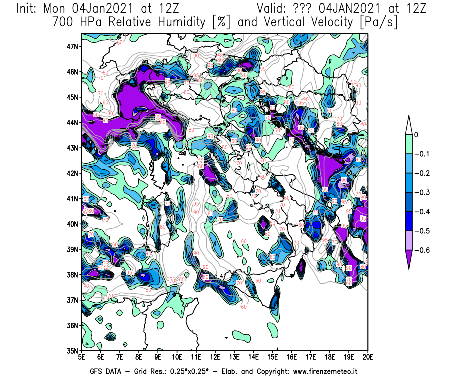 Mappa di analisi GFS - Umidità relativa [%] e Omega [Pa/s] a 700 hPa in Italia
									del 04/01/2021 12 <!--googleoff: index-->UTC<!--googleon: index-->
