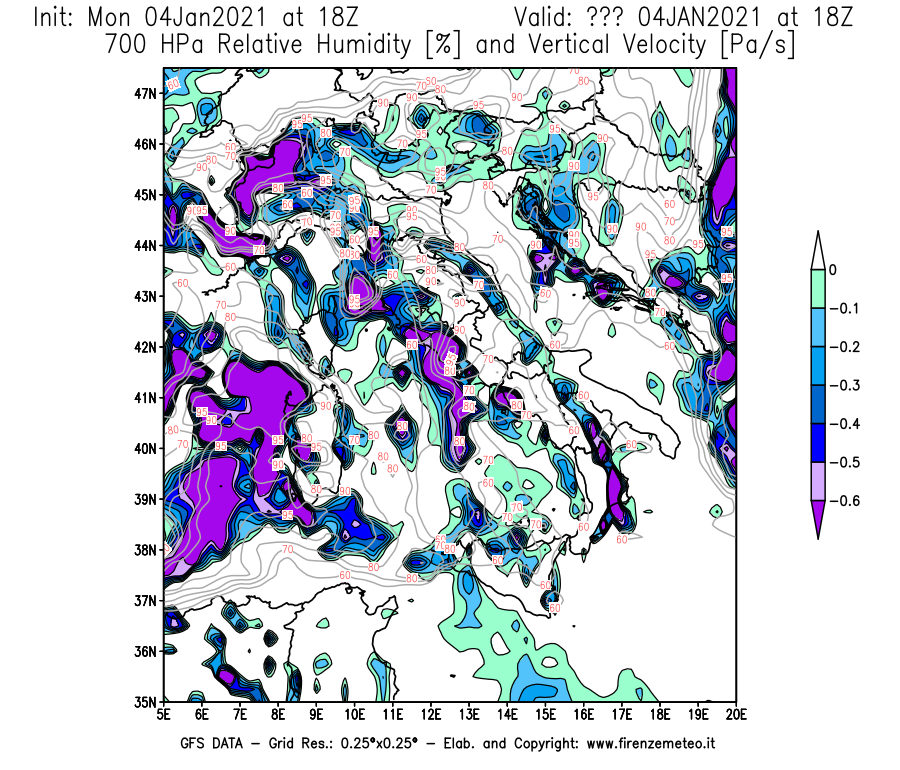 Mappa di analisi GFS - Umidità relativa [%] e Omega [Pa/s] a 700 hPa in Italia
							del 04/01/2021 18 <!--googleoff: index-->UTC<!--googleon: index-->