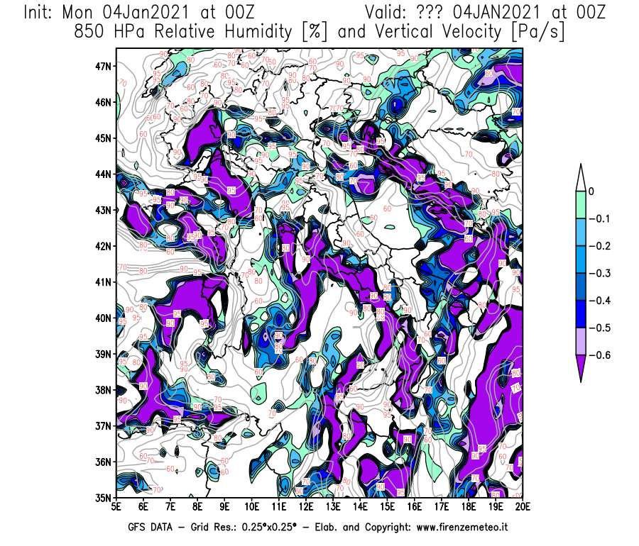 Mappa di analisi GFS - Umidità relativa [%] e Omega [Pa/s] a 850 hPa in Italia
							del 04/01/2021 00 <!--googleoff: index-->UTC<!--googleon: index-->