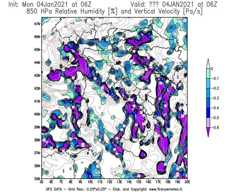 Mappa di analisi GFS - Umidità relativa [%] e Omega [Pa/s] a 850 hPa in Italia
							del 04/01/2021 06 <!--googleoff: index-->UTC<!--googleon: index-->