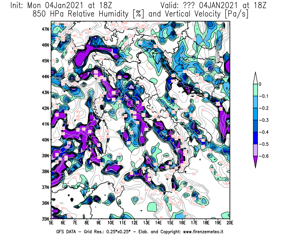 Mappa di analisi GFS - Umidità relativa [%] e Omega [Pa/s] a 850 hPa in Italia
									del 04/01/2021 18 <!--googleoff: index-->UTC<!--googleon: index-->