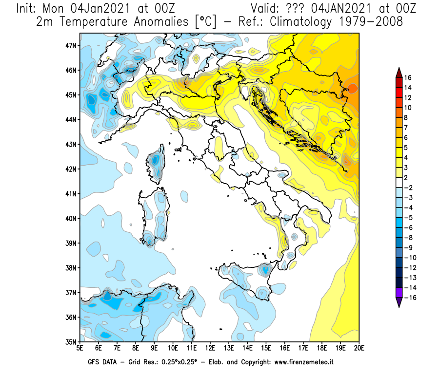 Mappa di analisi GFS - Anomalia Temperatura [°C] a 2 m in Italia
							del 04/01/2021 00 <!--googleoff: index-->UTC<!--googleon: index-->
