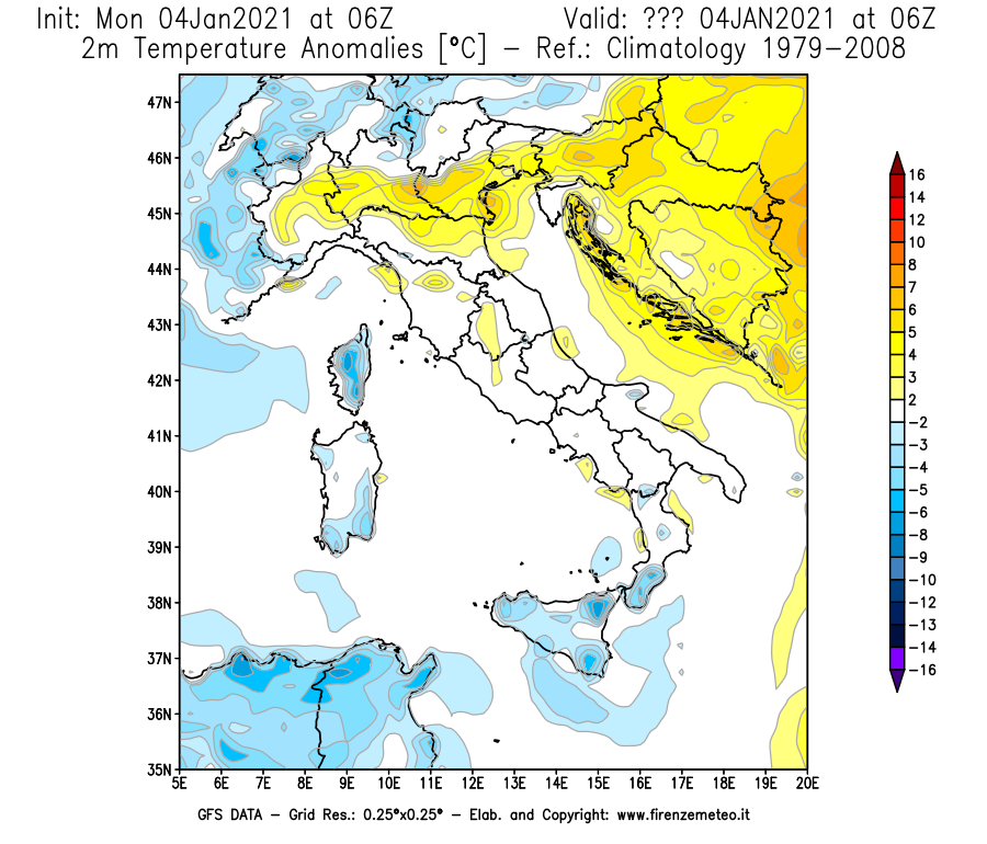Mappa di analisi GFS - Anomalia Temperatura [°C] a 2 m in Italia
							del 04/01/2021 06 <!--googleoff: index-->UTC<!--googleon: index-->