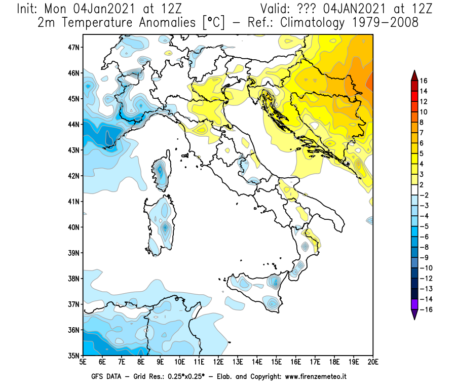 Mappa di analisi GFS - Anomalia Temperatura [°C] a 2 m in Italia
									del 04/01/2021 12 <!--googleoff: index-->UTC<!--googleon: index-->