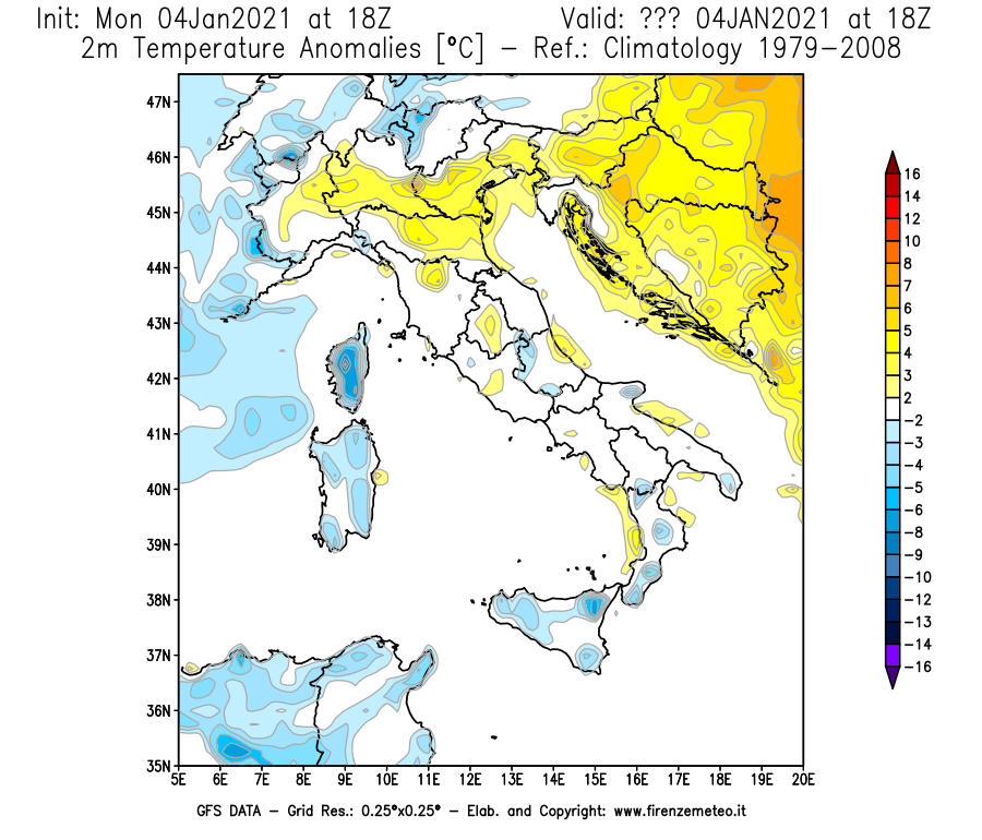 Mappa di analisi GFS - Anomalia Temperatura [°C] a 2 m in Italia
									del 04/01/2021 18 <!--googleoff: index-->UTC<!--googleon: index-->