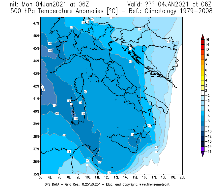 Mappa di analisi GFS - Anomalia Temperatura [°C] a 500 hPa in Italia
							del 04/01/2021 06 <!--googleoff: index-->UTC<!--googleon: index-->