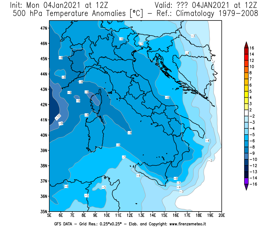 Mappa di analisi GFS - Anomalia Temperatura [°C] a 500 hPa in Italia
									del 04/01/2021 12 <!--googleoff: index-->UTC<!--googleon: index-->