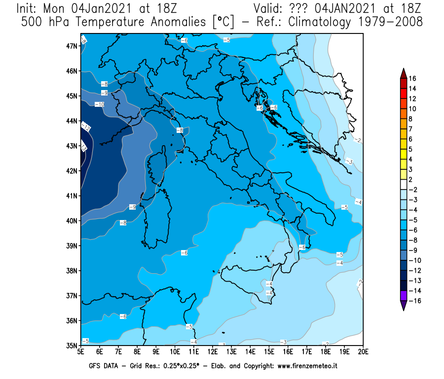 Mappa di analisi GFS - Anomalia Temperatura [°C] a 500 hPa in Italia
							del 04/01/2021 18 <!--googleoff: index-->UTC<!--googleon: index-->