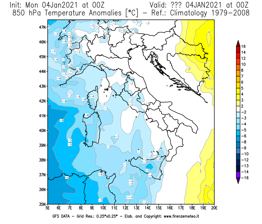 Mappa di analisi GFS - Anomalia Temperatura [°C] a 850 hPa in Italia
									del 04/01/2021 00 <!--googleoff: index-->UTC<!--googleon: index-->