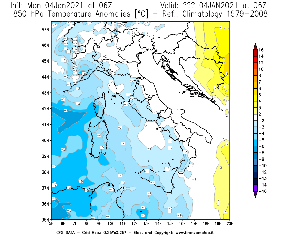 Mappa di analisi GFS - Anomalia Temperatura [°C] a 850 hPa in Italia
									del 04/01/2021 06 <!--googleoff: index-->UTC<!--googleon: index-->