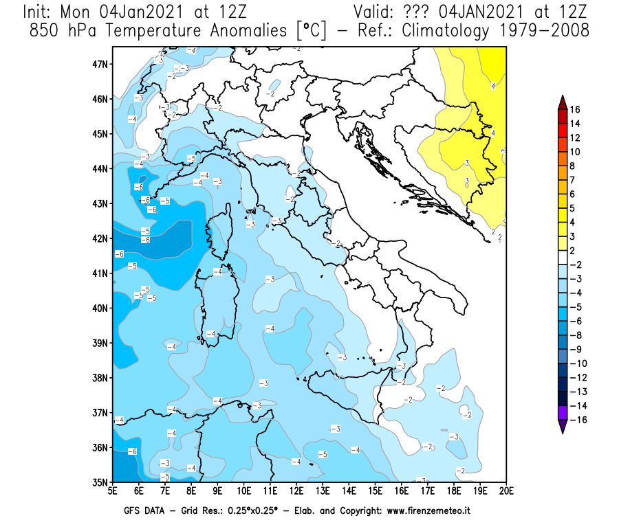 Mappa di analisi GFS - Anomalia Temperatura [°C] a 850 hPa in Italia
									del 04/01/2021 12 <!--googleoff: index-->UTC<!--googleon: index-->