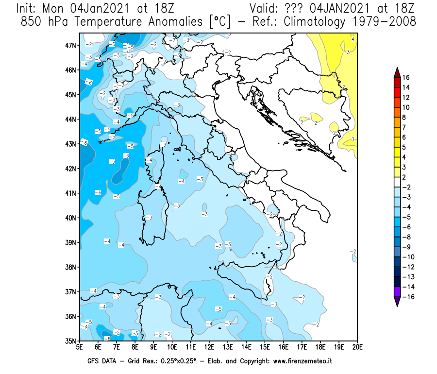 Mappa di analisi GFS - Anomalia Temperatura [°C] a 850 hPa in Italia
							del 04/01/2021 18 <!--googleoff: index-->UTC<!--googleon: index-->