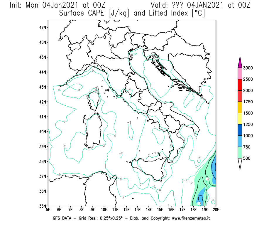 Mappa di analisi GFS - CAPE [J/kg] e Lifted Index [°C] in Italia
									del 04/01/2021 00 <!--googleoff: index-->UTC<!--googleon: index-->