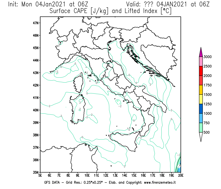 Mappa di analisi GFS - CAPE [J/kg] e Lifted Index [°C] in Italia
							del 04/01/2021 06 <!--googleoff: index-->UTC<!--googleon: index-->