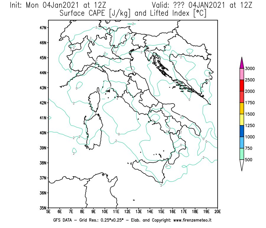 Mappa di analisi GFS - CAPE [J/kg] e Lifted Index [°C] in Italia
									del 04/01/2021 12 <!--googleoff: index-->UTC<!--googleon: index-->