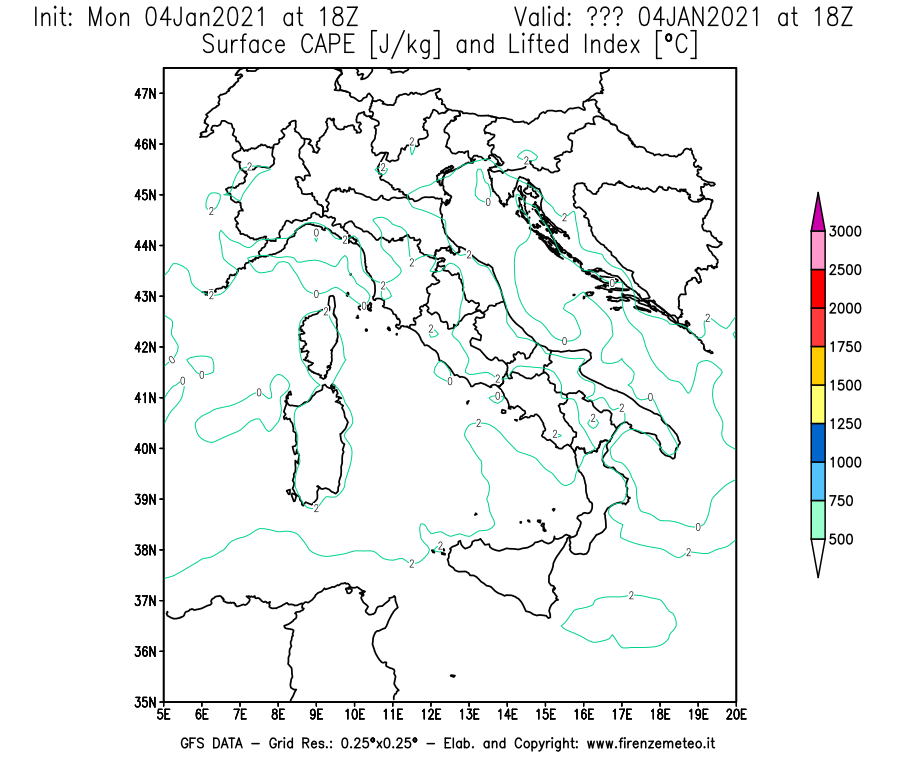 Mappa di analisi GFS - CAPE [J/kg] e Lifted Index [°C] in Italia
									del 04/01/2021 18 <!--googleoff: index-->UTC<!--googleon: index-->