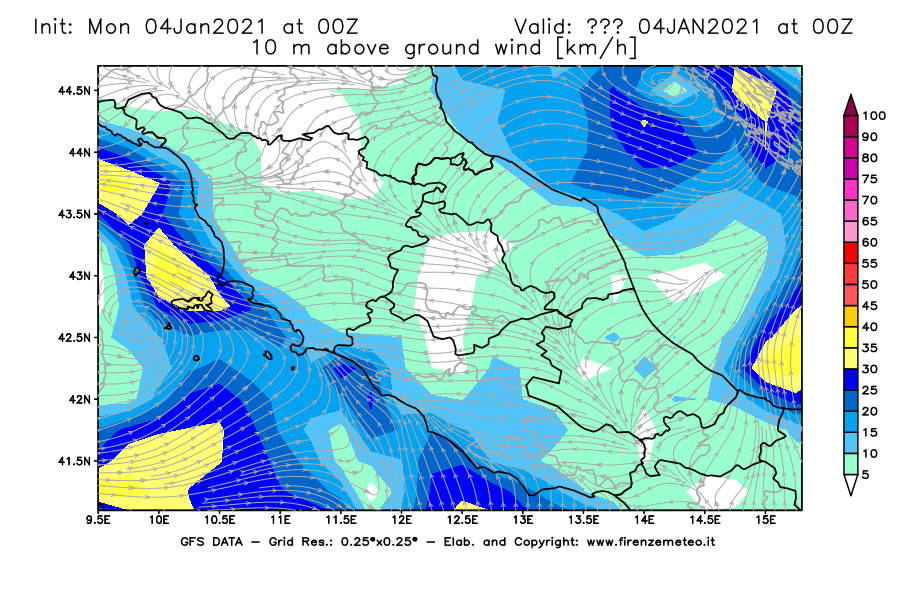 Mappa di analisi GFS - Velocità del vento a 10 metri dal suolo [km/h] in Centro-Italia
							del 04/01/2021 00 <!--googleoff: index-->UTC<!--googleon: index-->