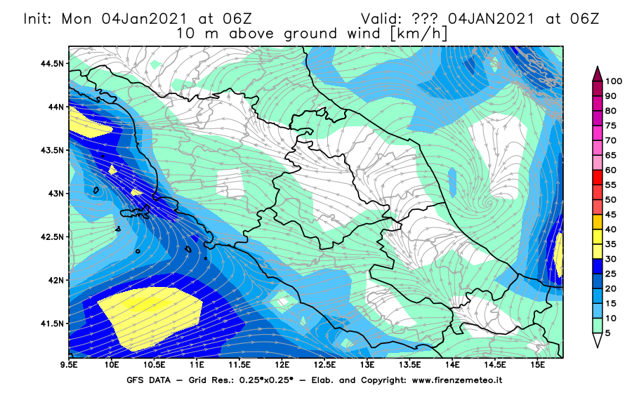 Mappa di analisi GFS - Velocità del vento a 10 metri dal suolo [km/h] in Centro-Italia
							del 04/01/2021 06 <!--googleoff: index-->UTC<!--googleon: index-->