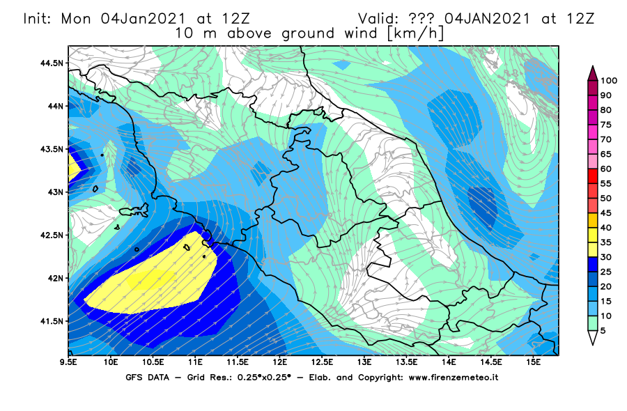 Mappa di analisi GFS - Velocità del vento a 10 metri dal suolo [km/h] in Centro-Italia
									del 04/01/2021 12 <!--googleoff: index-->UTC<!--googleon: index-->