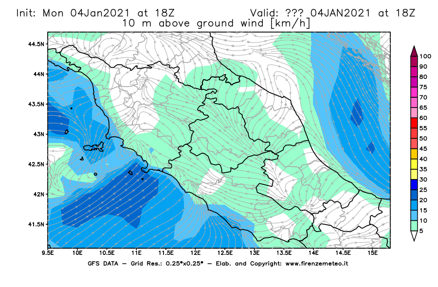 Mappa di analisi GFS - Velocità del vento a 10 metri dal suolo [km/h] in Centro-Italia
									del 04/01/2021 18 <!--googleoff: index-->UTC<!--googleon: index-->
