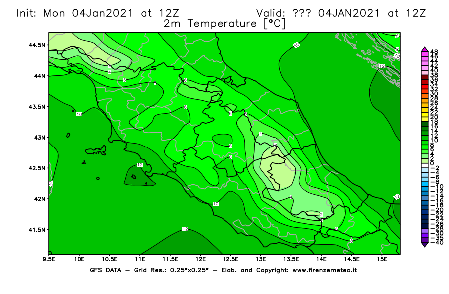 Mappa di analisi GFS - Temperatura a 2 metri dal suolo [°C] in Centro-Italia
							del 04/01/2021 12 <!--googleoff: index-->UTC<!--googleon: index-->