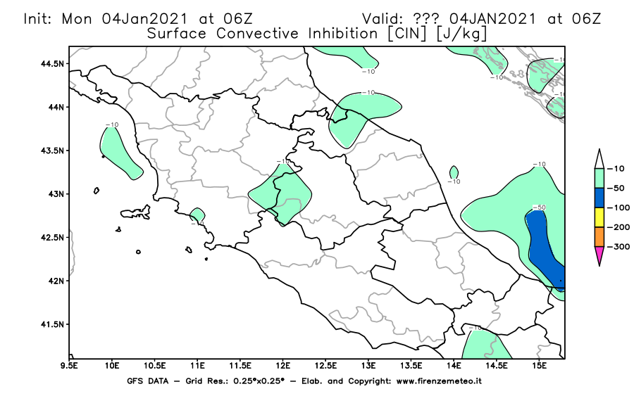 Mappa di analisi GFS - CIN [J/kg] in Centro-Italia
							del 04/01/2021 06 <!--googleoff: index-->UTC<!--googleon: index-->