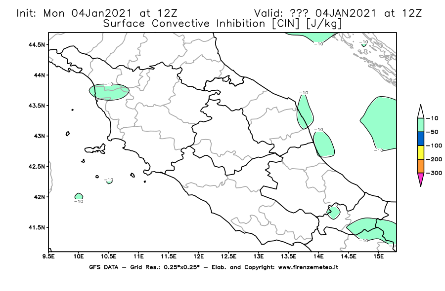 Mappa di analisi GFS - CIN [J/kg] in Centro-Italia
							del 04/01/2021 12 <!--googleoff: index-->UTC<!--googleon: index-->