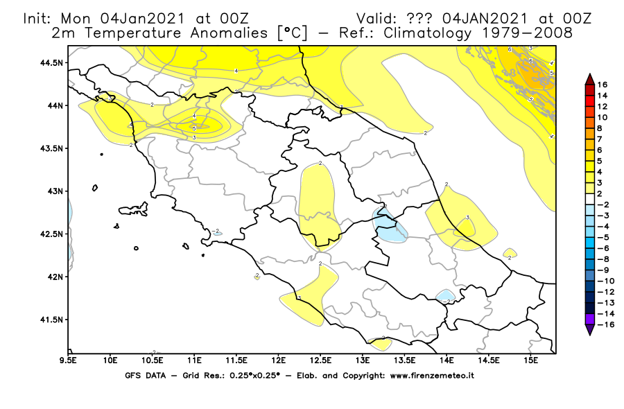 Mappa di analisi GFS - Anomalia Temperatura [°C] a 2 m in Centro-Italia
							del 04/01/2021 00 <!--googleoff: index-->UTC<!--googleon: index-->