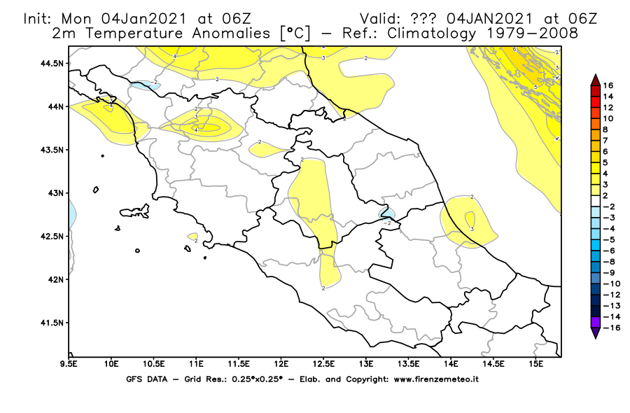 Mappa di analisi GFS - Anomalia Temperatura [°C] a 2 m in Centro-Italia
									del 04/01/2021 06 <!--googleoff: index-->UTC<!--googleon: index-->