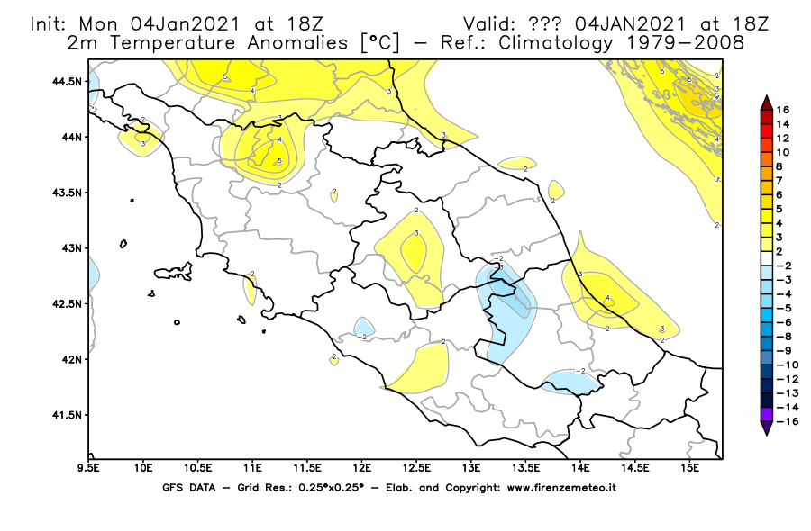 Mappa di analisi GFS - Anomalia Temperatura [°C] a 2 m in Centro-Italia
									del 04/01/2021 18 <!--googleoff: index-->UTC<!--googleon: index-->