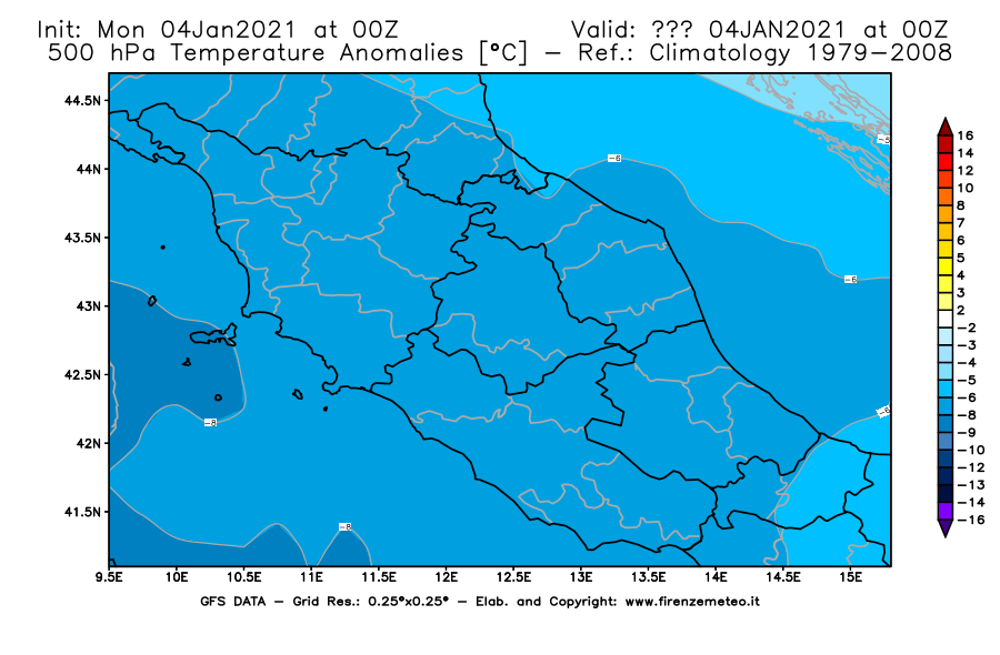 Mappa di analisi GFS - Anomalia Temperatura [°C] a 500 hPa in Centro-Italia
							del 04/01/2021 00 <!--googleoff: index-->UTC<!--googleon: index-->