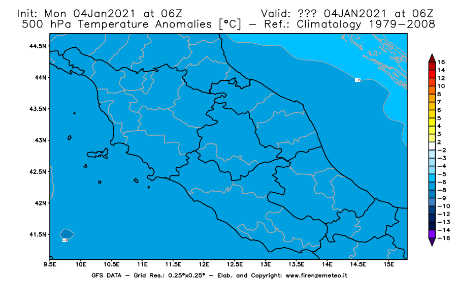 Mappa di analisi GFS - Anomalia Temperatura [°C] a 500 hPa in Centro-Italia
									del 04/01/2021 06 <!--googleoff: index-->UTC<!--googleon: index-->