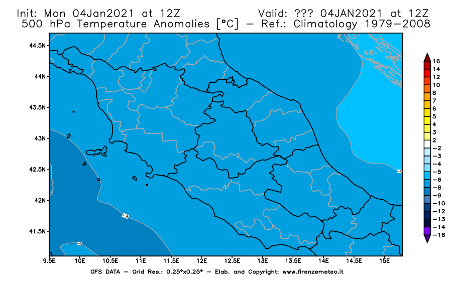 Mappa di analisi GFS - Anomalia Temperatura [°C] a 500 hPa in Centro-Italia
									del 04/01/2021 12 <!--googleoff: index-->UTC<!--googleon: index-->