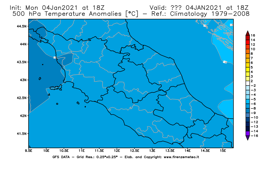 Mappa di analisi GFS - Anomalia Temperatura [°C] a 500 hPa in Centro-Italia
							del 04/01/2021 18 <!--googleoff: index-->UTC<!--googleon: index-->