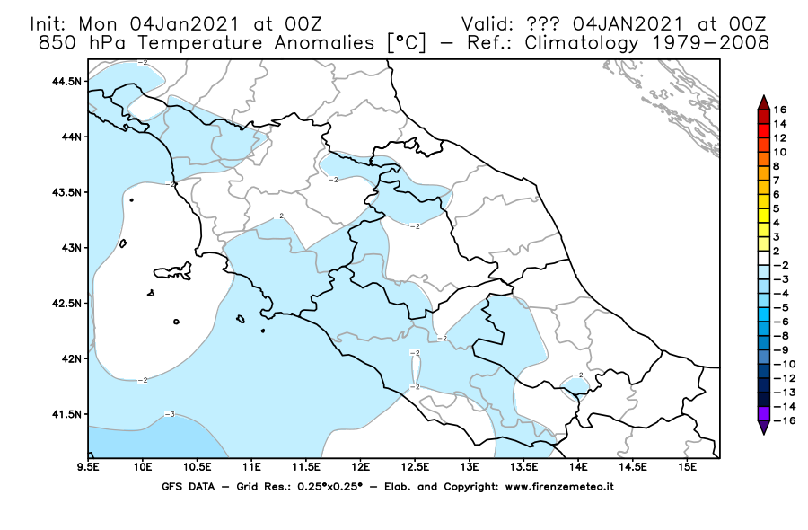 Mappa di analisi GFS - Anomalia Temperatura [°C] a 850 hPa in Centro-Italia
							del 04/01/2021 00 <!--googleoff: index-->UTC<!--googleon: index-->