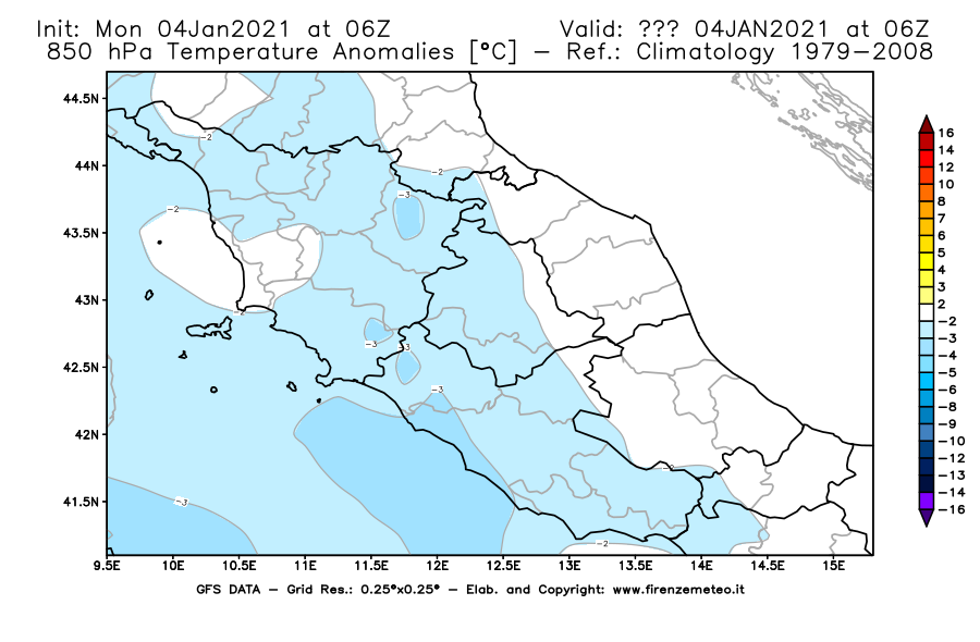Mappa di analisi GFS - Anomalia Temperatura [°C] a 850 hPa in Centro-Italia
									del 04/01/2021 06 <!--googleoff: index-->UTC<!--googleon: index-->