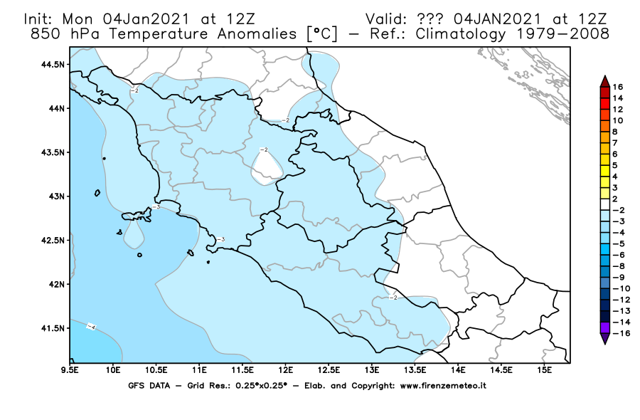 Mappa di analisi GFS - Anomalia Temperatura [°C] a 850 hPa in Centro-Italia
							del 04/01/2021 12 <!--googleoff: index-->UTC<!--googleon: index-->