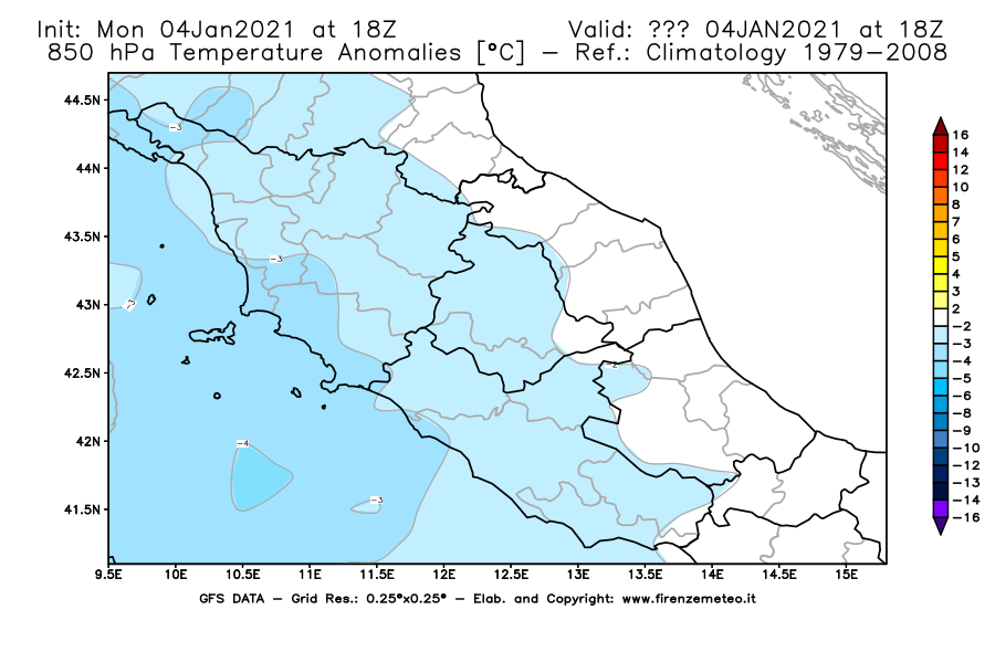 Mappa di analisi GFS - Anomalia Temperatura [°C] a 850 hPa in Centro-Italia
							del 04/01/2021 18 <!--googleoff: index-->UTC<!--googleon: index-->