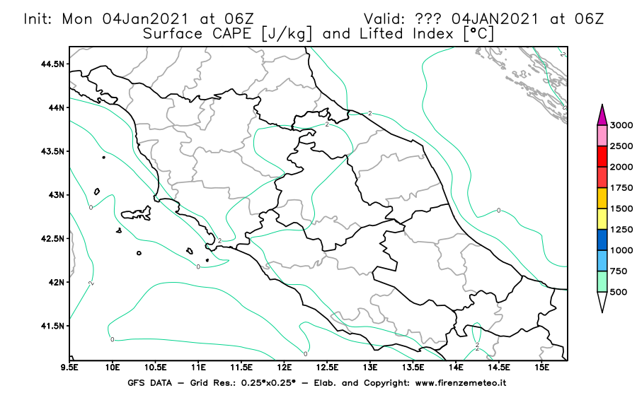 Mappa di analisi GFS - CAPE [J/kg] e Lifted Index [°C] in Centro-Italia
									del 04/01/2021 06 <!--googleoff: index-->UTC<!--googleon: index-->