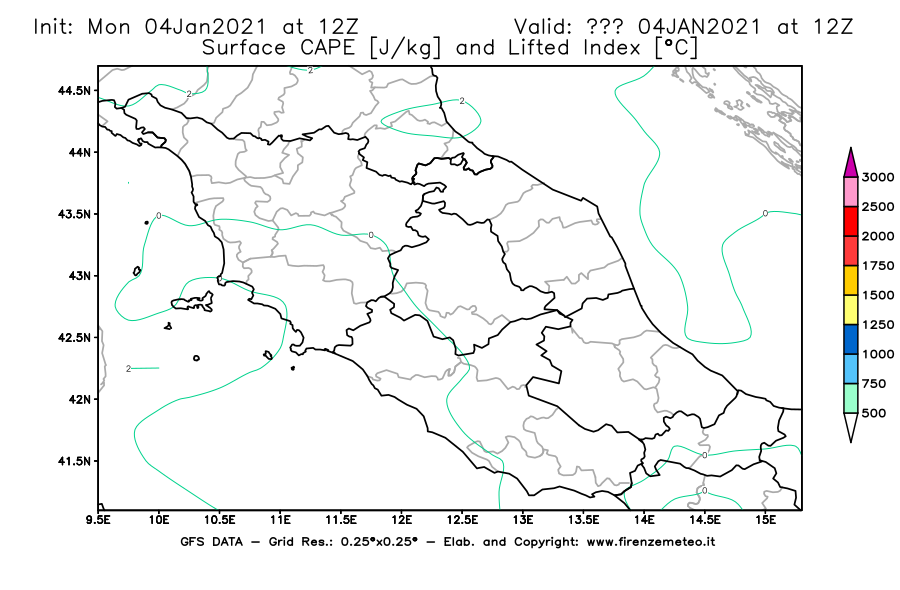 Mappa di analisi GFS - CAPE [J/kg] e Lifted Index [°C] in Centro-Italia
									del 04/01/2021 12 <!--googleoff: index-->UTC<!--googleon: index-->