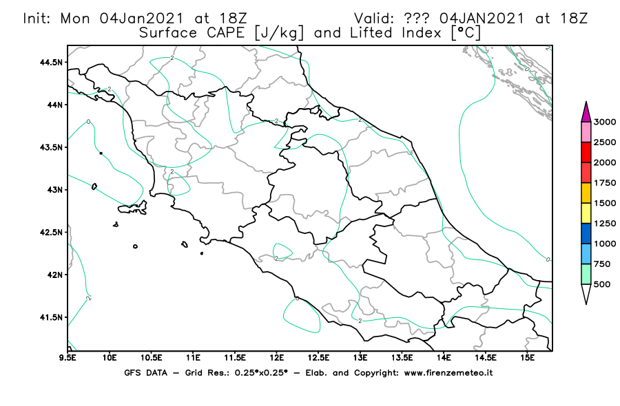Mappa di analisi GFS - CAPE [J/kg] e Lifted Index [°C] in Centro-Italia
									del 04/01/2021 18 <!--googleoff: index-->UTC<!--googleon: index-->