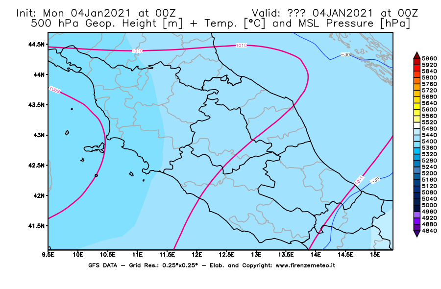 Mappa di analisi GFS - Geopotenziale [m] + Temp. [°C] a 500 hPa + Press. a livello del mare [hPa] in Centro-Italia
									del 04/01/2021 00 <!--googleoff: index-->UTC<!--googleon: index-->