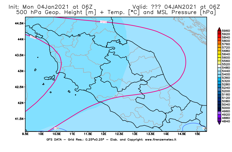 Mappa di analisi GFS - Geopotenziale [m] + Temp. [°C] a 500 hPa + Press. a livello del mare [hPa] in Centro-Italia
							del 04/01/2021 06 <!--googleoff: index-->UTC<!--googleon: index-->