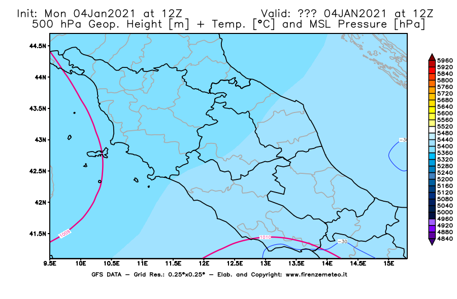 Mappa di analisi GFS - Geopotenziale [m] + Temp. [°C] a 500 hPa + Press. a livello del mare [hPa] in Centro-Italia
									del 04/01/2021 12 <!--googleoff: index-->UTC<!--googleon: index-->